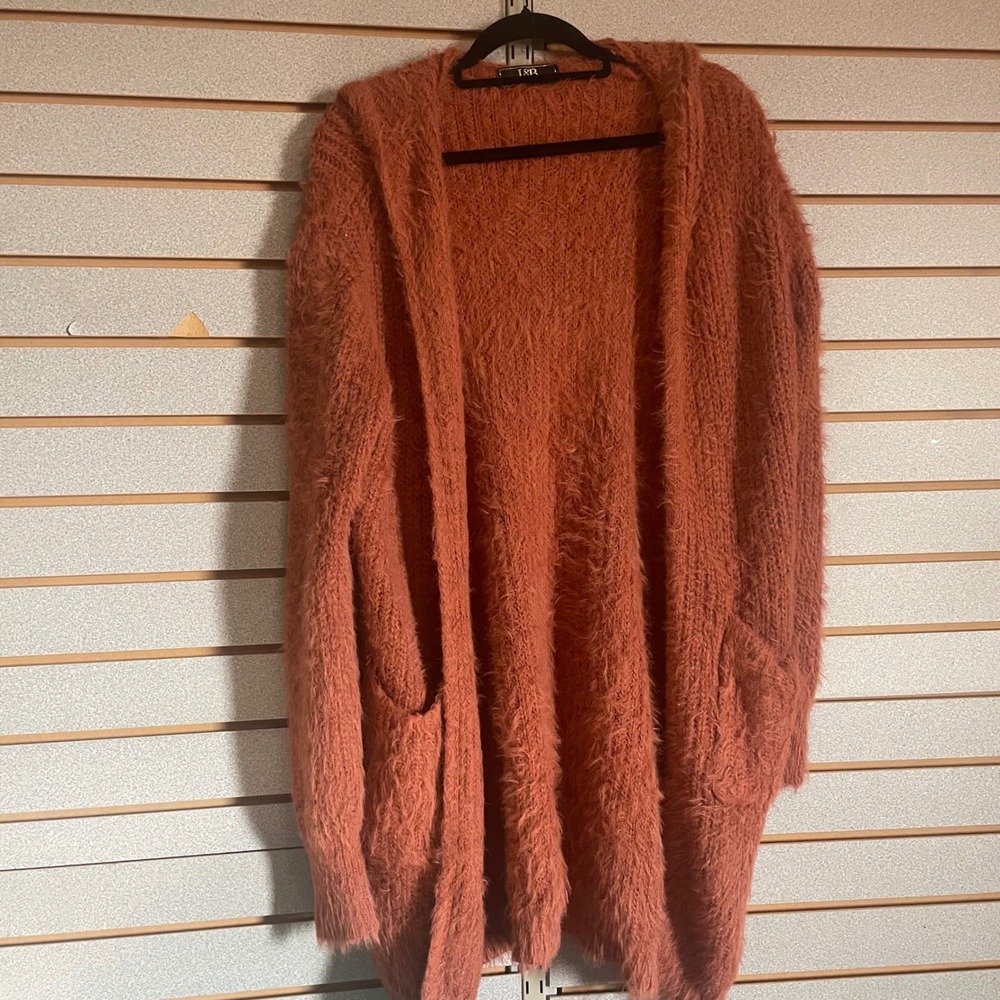 L&B Lucky & Blessed Women's Rust Orange Fuzzy Knit Open Front Cardigan Sweater L